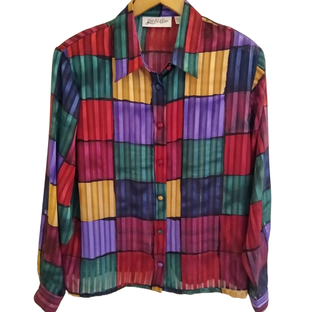 SOLD Vtg Shimmery Color Block Blouse - Picture 3 of 6